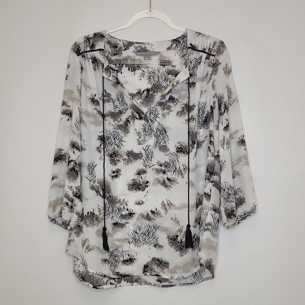 Valerie Stevens Tunic Top Large Black White 3/4 Sleeves Semi Sheer Fall